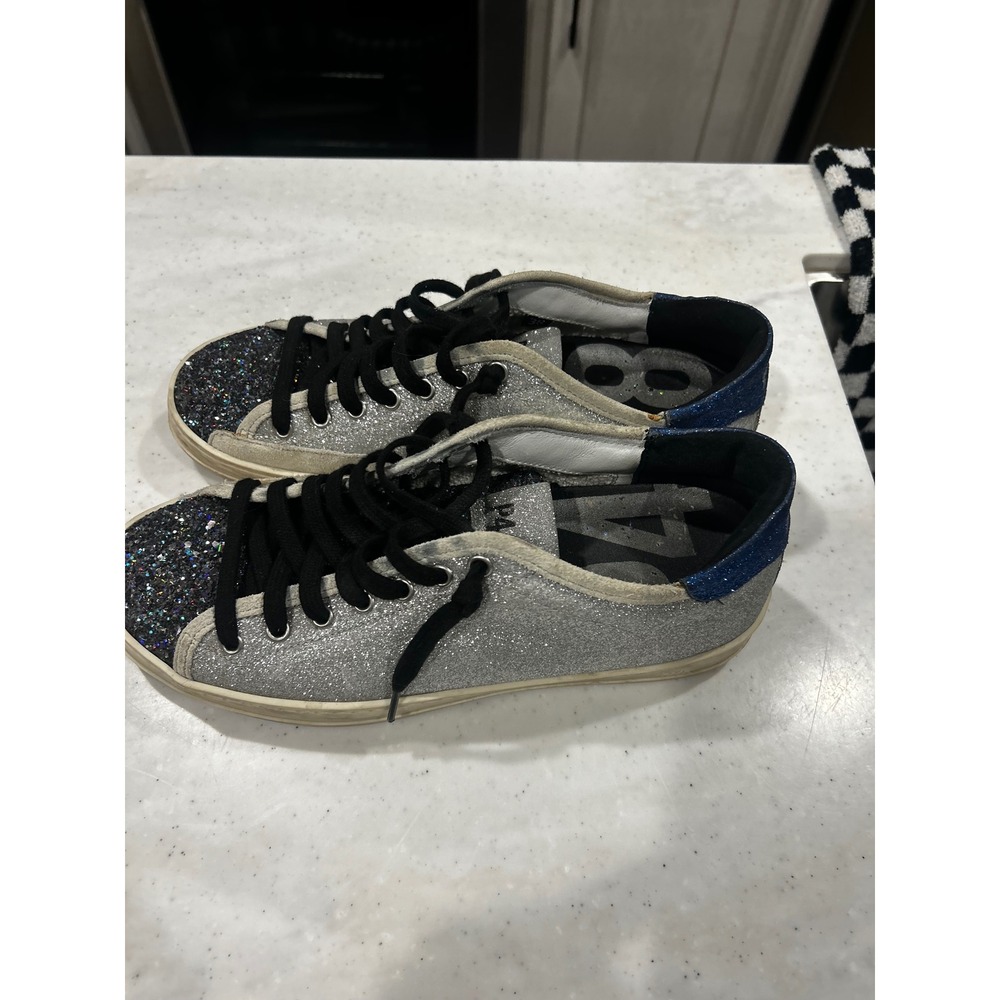 P448 John Silver Glitter Low Top Sneakers Blue Heel Multi Toe EU 38